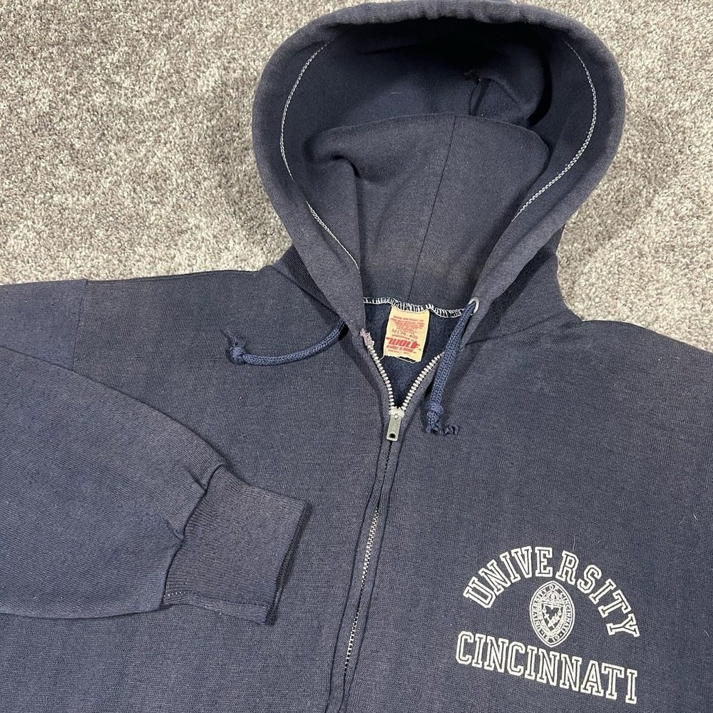 Vintage Wolf&Sons 70s University Cincinnati Full Zip Hoodie Sweatshirt Faded Med